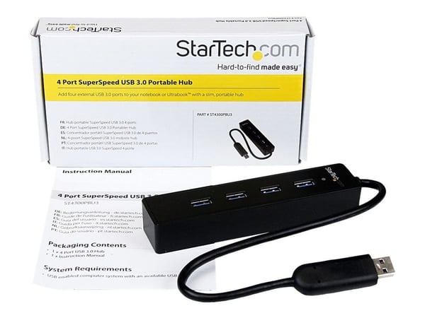 Startech 4-Port USB 3.0 Hub with Built-in Cable - SuperSpeed Laptop USB Hub - Portable USB Splitter - Mini USB Hub (ST4300PBU3) - Hub - 4 x SuperSp...