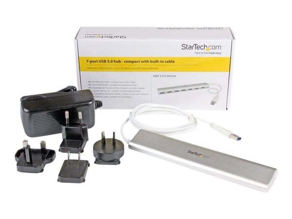 Startech 7 Port Compact USB 3.0 Hub with Built-in Cable - Aluminum USB Hub - Silver USB3 Hub with 20W Power Adapter (ST73007UA) - USB-periferdelesv...