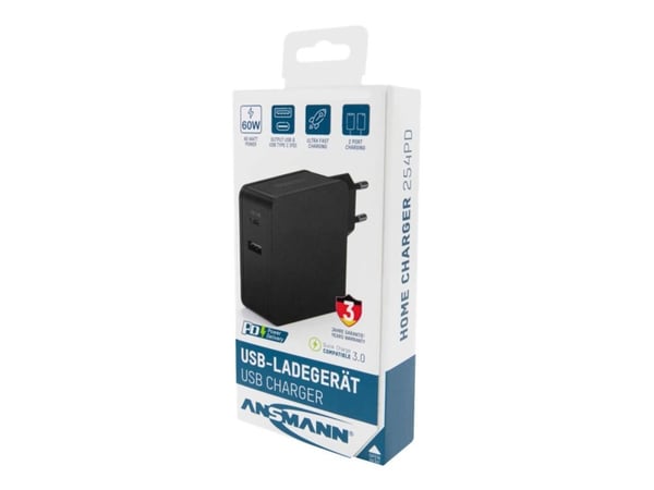 ANSMANN 254PD - Strømadapter - 60 watt - PD, QC 3.0 - 2 utgangskontakter (USB-C, USB) - svart