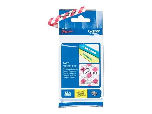 Brother TZe-MPRG31 - Svart på rød gingham - Rull (1,2 cm x 4 m) 1 kassett(er) laminert teip - for Brother PT-H110; P-Touch PT-H105, H110; P-Touch C...