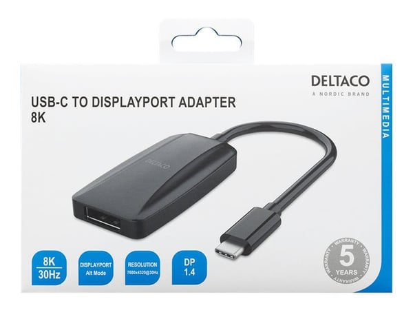 DELTACO - USB / DisplayPort-adapter - USB-C (hann) til DisplayPort (hunn) - 8 K 30 Hz (7680 x 4320) støtte - svart