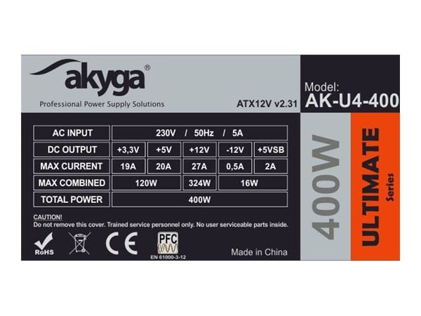 Akyga Ultimate Series AK-U4-400 - Strømforsyning (intern) - ATX12V 2.31 - 80 PLUS Bronze - AC 230 V - 400 Watt - aktiv PFC - sort