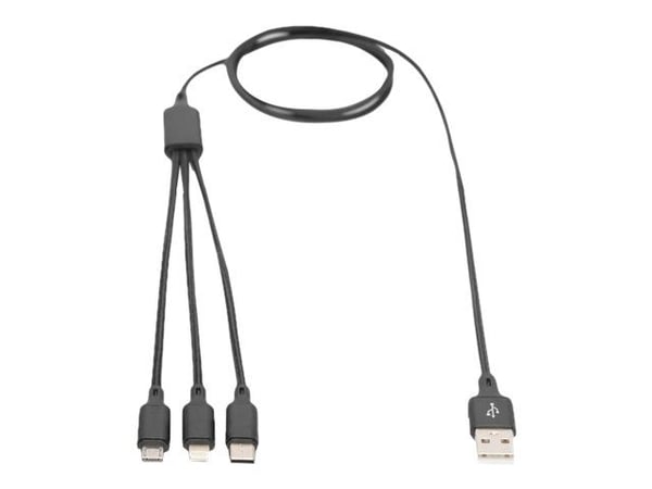DIGITUS - Lightning-kabel - USB hann til Micro-USB type B, Lightning, USB-C hann - 1 m - svart - Power Delivery-støtte