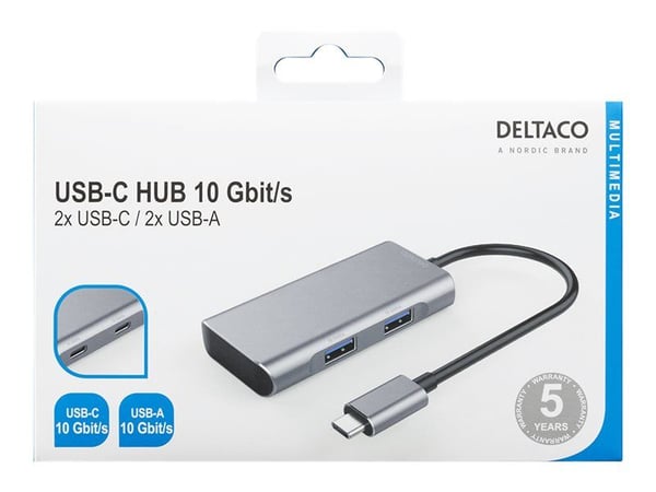 DELTACO USBC-HUB201 - Keskitin - 2 x USB-C + 2 x USB