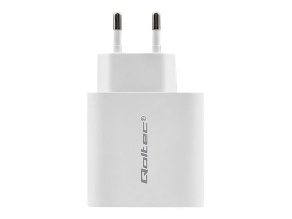 Qoltec 51718 - Strømadapter - 45 watt - 3 A - PD - 2 utgangskontakter (USB-C, USB) - hvit
