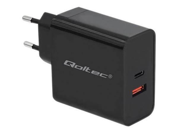 Qoltec - Strømadapter - 63 watt - 3 A - PD, QC 3.0 - 2 utgangskontakter (USB-C, USB) - svart