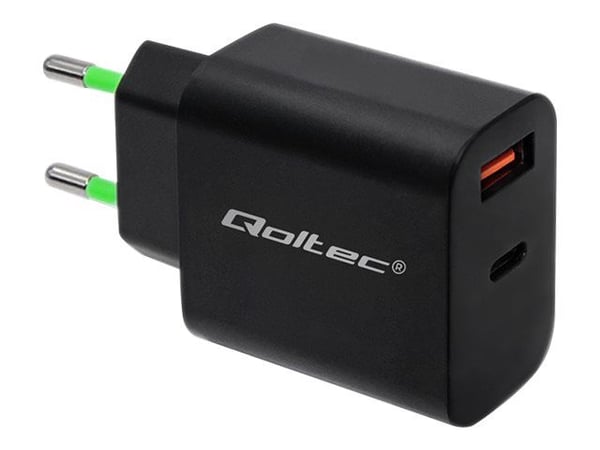 Qoltec Mains charger - Strømadapter - 18 watt - 3 A - PD, QC 3.0 (USB, USB-C) - svart