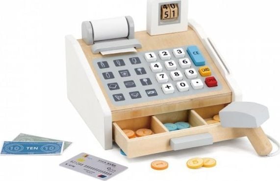 Viga Toys puinen kassakone harmaa ja valkoinen