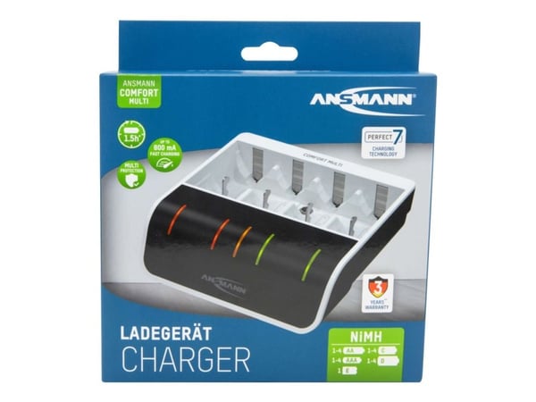 ANSMANN Comfort Multi - 1,5 t USB-batterilader - (for AA, AAA, C, D, 9V) - 800 mA - hvit, svart