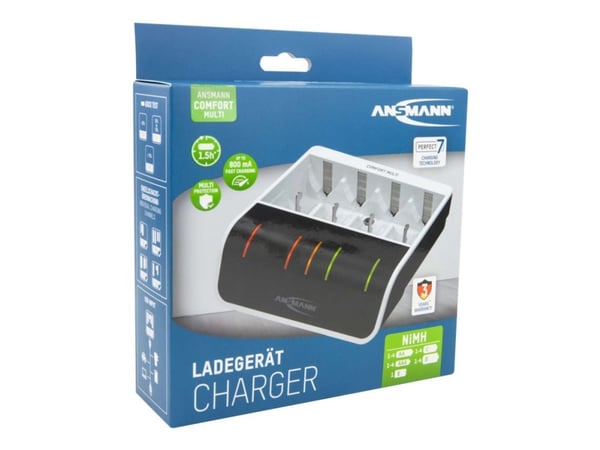 ANSMANN Comfort Multi - 1,5 t USB-batterilader - (for AA, AAA, C, D, 9V) - 800 mA - hvit, svart