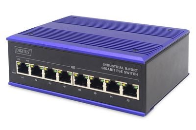 DIGITUS Industrial - Switch - ikke-styrt - 8 x 10/100/1000Base-TX (PoE+) - stasjonær, DIN-skinnemonterbar - PoE+