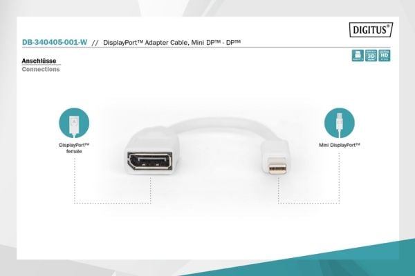 DIGITUS - DisplayPort-adapter - Mini DisplayPort (hann) til DisplayPort (hunn) - DisplayPort 1.2 - 15 cm - formstøpt, 4K 60Hz støtte - hvit