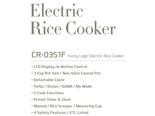 Cuckoo CR-0351F, Rice Cooker, White & Red, 0,54 L, Aluminium, LCD, 1,2 m cable