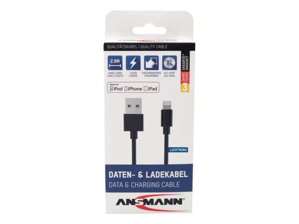 Ansmann 1700-0079, 2 m, Lightning, USB A, Hanstik, Hanstik, Sort