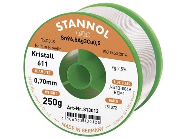 Lydmetallis Sn96.5/Ag3/Cu0.5 0,70 mm 250 g med fliusu Stannol