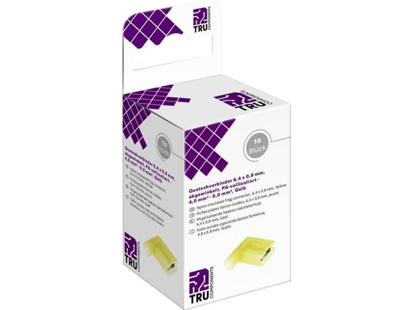 TRU COMPONENTS T2010C367 Crimp-liitinvalikoima Pistokkeen leveys: 4,8 mm Pistokkeen paksuus: 0,5 mm 90 ° Täysin eristetty Keltainen 10 kpl (T2010C367)