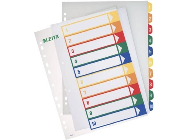 LEITZ plastregister tall, A4 overbredde, 1-10, pc-beskrivbart, transparent med fargede faner, PP, 10-delt (1293-00-00)
