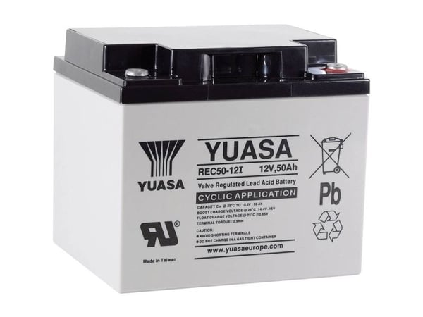 Yuasa REC50-12 blybatteri 12 V 50 Ah Blyfleece (B x H x D) 197 x 175 x 165 mm M5 skrue tilkobling lav selvutlading, lett å vedlikeholde, syklusstabilt
