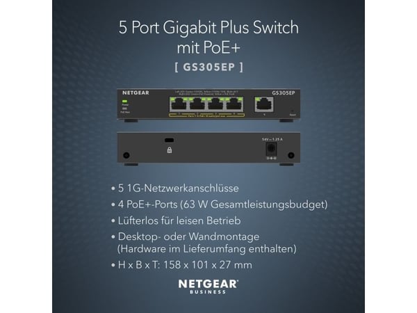 NETGEAR Plus GS305EP - Switch - smart - 5 x 10/100/1000 (4 PoE+) - stasjonær, veggmonterbar - PoE+ (63 W)