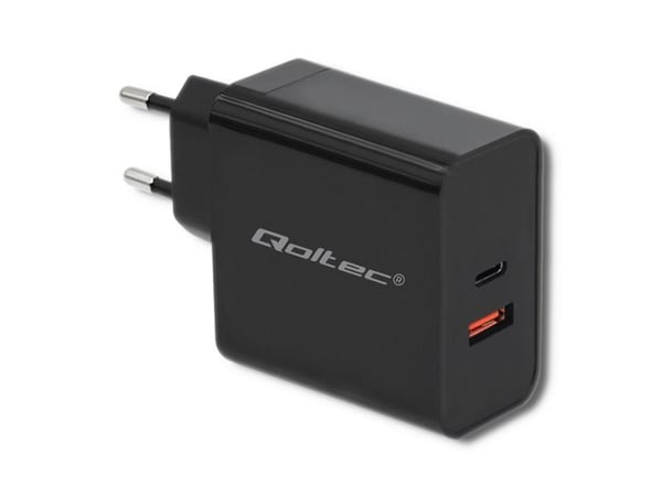 Qoltec - Strømadapter - 63 watt - 3 A - PD, QC 3.0 - 2 utgangskontakter (USB-C, USB) - svart