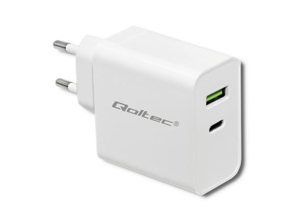 Qoltec 51718 - Strømadapter - 45 watt - 3 A - PD - 2 utgangskontakter (USB-C, USB) - hvit