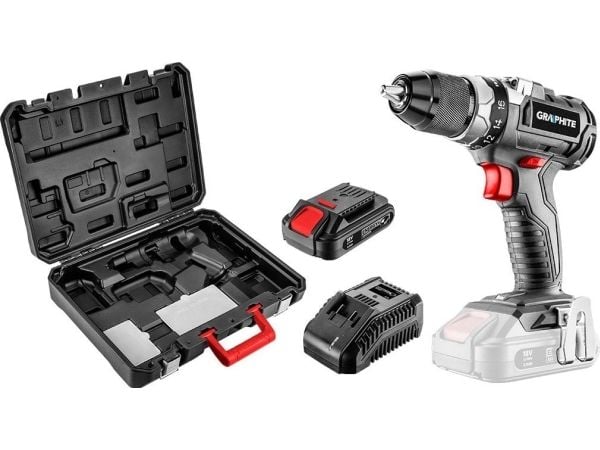 Graphite batteridrevet slag-/boremaskin uten børster Energy + 18V, Li-Ion, 13 mm, batteri 2Ah, lader, sett (deklas)