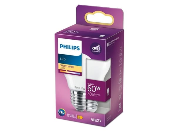 Philips - LED - form: P45 - mattslipt finish - E27 - 6.5 W (ekvivalent 60 W) - klasse A++ - varmt hvitt lys - 2700 K