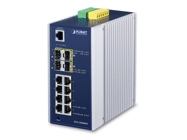 PLANET IGS-12040MT - Switch - Styrt - 8 x 10/100/1000 + 4 x Gigabit SFP - DIN-skinnemonterbar, veggmonterbar - AC 24 V / DC 12 -72 V
