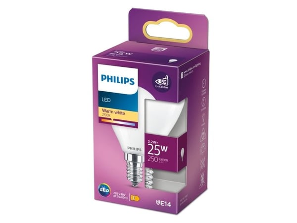 Philips LED - LED-lyspære - mattslipt finish - E14 - 2.2 W (ekvivalent 25 W) - klasse A++ - varmt hvitt lys - 2700 K