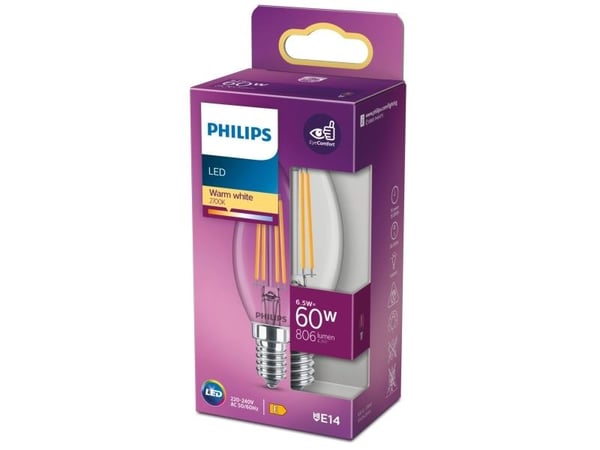 Philips LED - LED-lyspære - form: stearinlys - E14 - 6.5 W (ekvivalent 60 W) - klasse E - varmt hvitt lys - 2700 K - blank