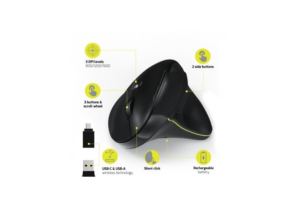 PORT Connect Professional - Vertikal mus - ergonomisk - høyrehendt - optisk - 5 knapper - trådløs - 2.4 GHz, Bluetooth 3.0, Bluetooth 5.0 - USB / U...
