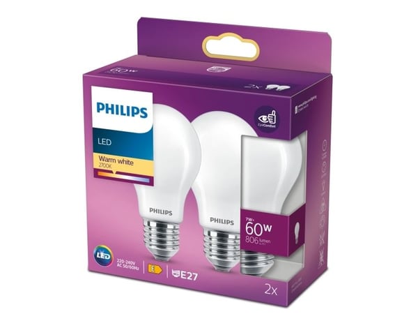 Philips - LED-glödlampa - form: A60 - glaserad finish - E27 - 7 W (motsvarande 60 W) - klass E - varmt vitt ljus - 2700 K