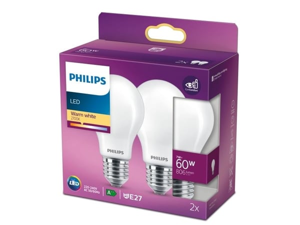 Philips - LED-glödlampa - form: A60 - glaserad finish - E27 - 7 W (motsvarande 60 W) - klass E - varmt vitt ljus - 2700 K