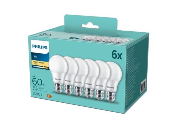 Philips - LED-glödlampa - form: A60 - glaserad finish - E27 - 8 W (motsvarande 60 W) - klass F - varmt vitt ljus - 2700 K - matt (paket om 6)