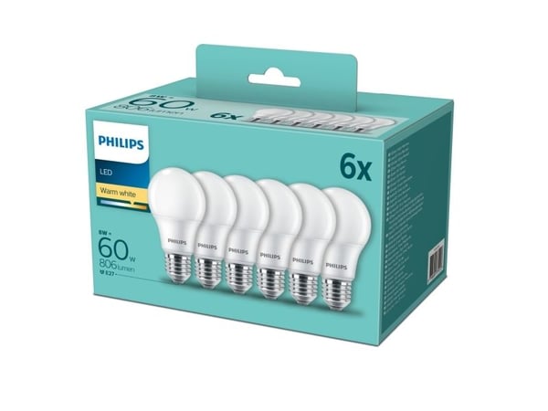 Philips - LED-glödlampa - form: A60 - glaserad finish - E27 - 8 W (motsvarande 60 W) - klass F - varmt vitt ljus - 2700 K - matt (paket om 6)