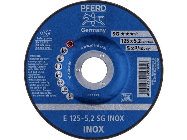PFERD 62212523, Kappeskive, Rustfritt stål, 12,5 cm, Alle merker, Nedsenket senter, 2,22 cm