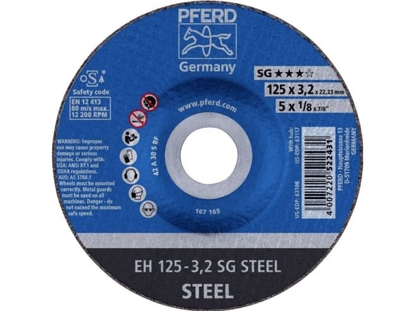 PFERD 61320232, Kutteskive, Stål, 12,5 cm, Alle merker, Flatt senter, 2,22 cm