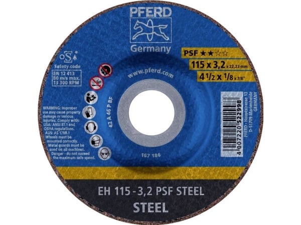 PFERD 61740126, Kutteskive, Stål, 11,5 cm, Alle merker, Flatt senter, 2,22 cm