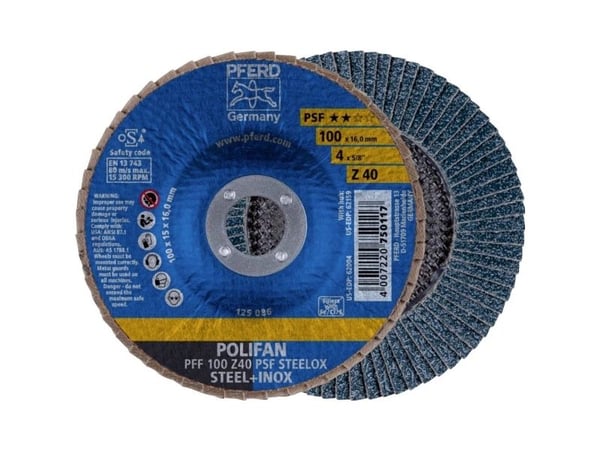 PFERD POLIFAN flap discs zirconia alumina Z PSF STEELOX, 10 cm, 10 stykker