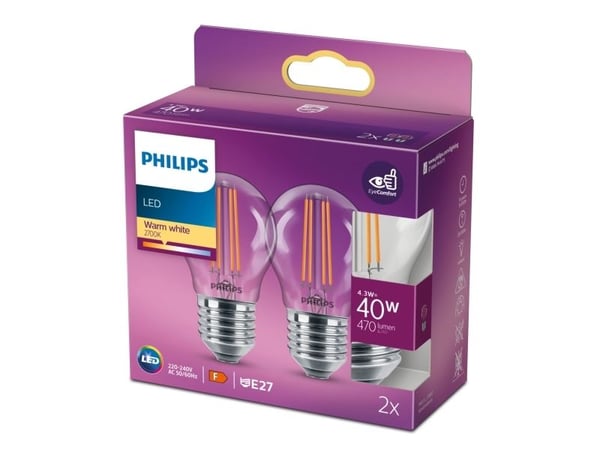 Philips - LED-filamentlyspære - form: P45 - klar finish - E27 - 4.3 W (ekvivalent 40 W) - klasse F - varmt hvitt lys - 2700 K (en pakke 2)