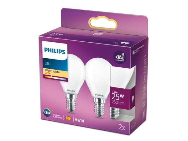 Philips - LED-lyspære - form: P45 - mattslipt finish - E14 - 2.2 W (ekvivalent 25 W) - klasse E - varmt hvitt lys - 2700 K (en pakke 2)