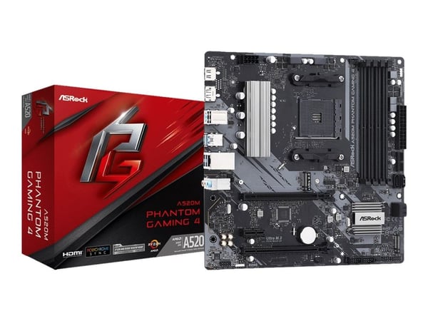 ASRock A520M Phantom Gaming 4 - Emolevy - micro ATX - Socket AM4 - AMD A520 piirisarja - USB 3.2 Gen 1 - Gigabit LAN - sisäinen grafiikka (vaatii p...