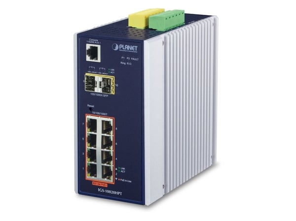 PLANET IGS-10020HPT - Switch - L2+ - Styrt - 8 x 10/100/1000 (PoE+) + 2 x Gigabit SFP - DIN-skinnemonterbar, veggmonterbar - PoE+ (270 W) - DC-strøm