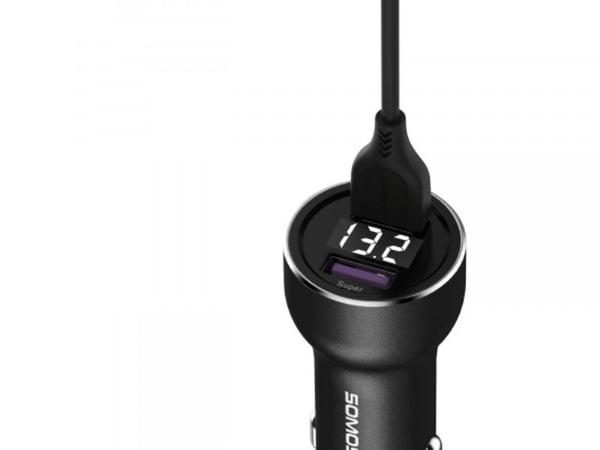 Somostel charger METAL CAR 5A BLACK METER + CABLE IPHONE 30W 2XUSB DUAL QUICK CHARGE QC 3.0 METAL SMS-A89 B