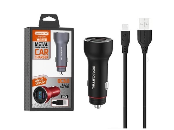 Somostel charger METAL CAR 5A BLACK METER + CABLE IPHONE 30W 2XUSB DUAL QUICK CHARGE QC 3.0 METAL SMS-A89 B