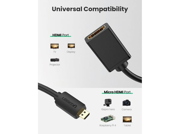 Ugreen - HDMI-sovitin - 19 pin micro HDMI tyyppi D han til HDMI (naaras) hun