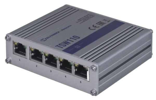 Teltonika TSW110 - Switch - ikke-styrt - 5 x 10/100/1000 - DIN-skinnemonterbar, overflatemonterbar - Passive PoE - DC-strøm
