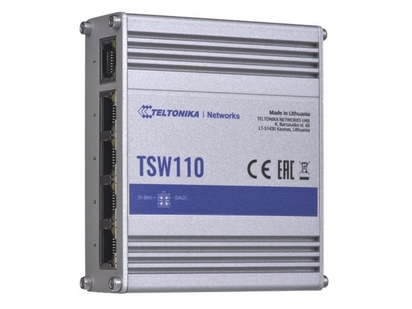 Teltonika TSW110 - Switch - ikke-styrt - 5 x 10/100/1000 - DIN-skinnemonterbar, overflatemonterbar - Passive PoE - DC-strøm