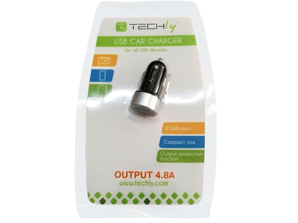 TECHly - Bilstrømadapter - 24 watt - 4.8 A - 2 utgangskontakter (USB) - svart og grå