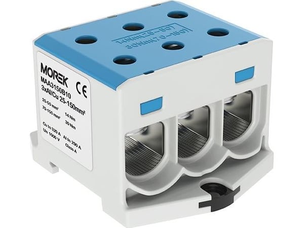 Väyläliitin kierteellä AL/CU 25-150mm2 TS-35 1-kiskoinen 6-reikäinen liitin OTL150-3 sininen MAA3150B10